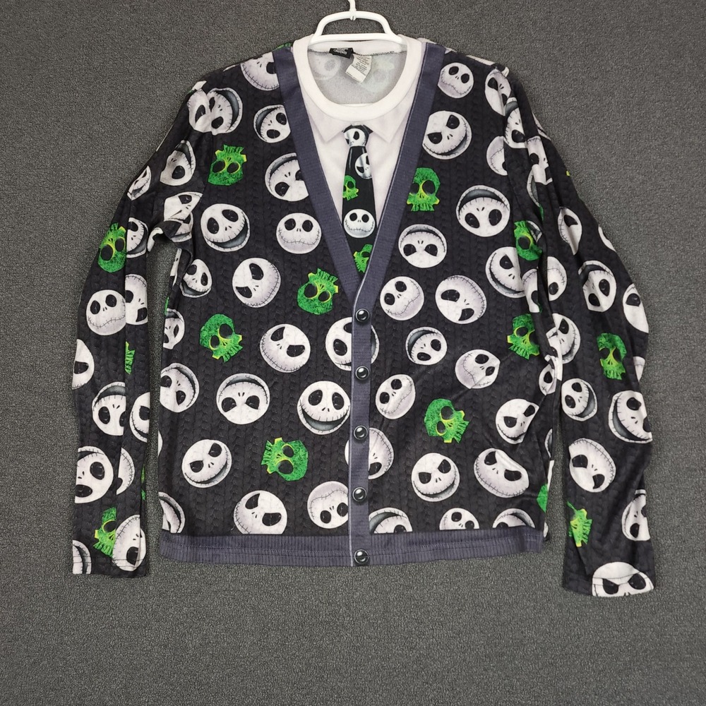 Tim Burton's Nightmare Before Christmas Skellington Tie Print Cardigan Sweater M